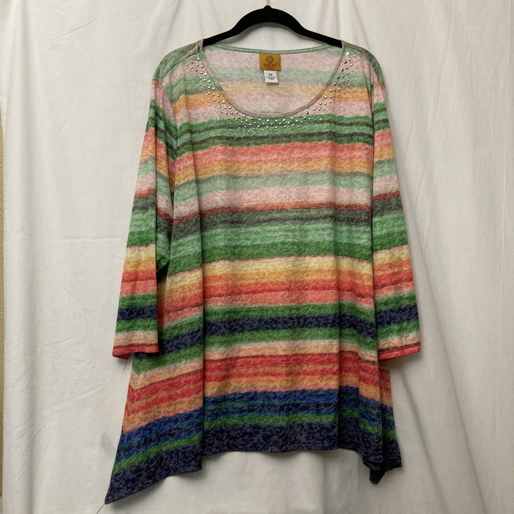 Ruby Rd. Multicolor Leopard Print Sheer 3/4 Sleeve Top w/Embellishments - SZ 2X